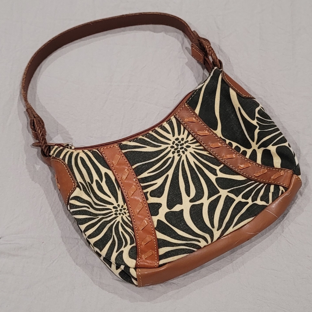 Fossil Black Cream Print Linen Canvas Leather  Strap Hobo Shoulder Bag